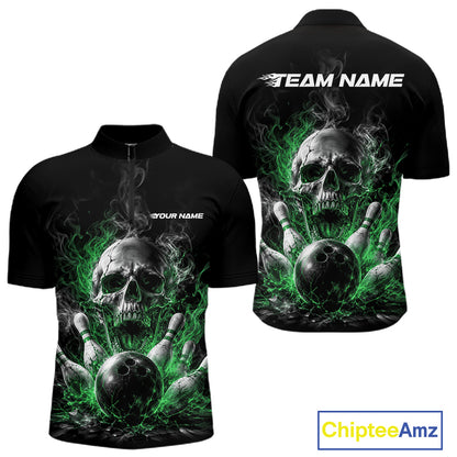 Custom Black And Green Smoke Flame Skull Bowling Men Quarter Zip Shirt, Halloween Outfit IPHW11983