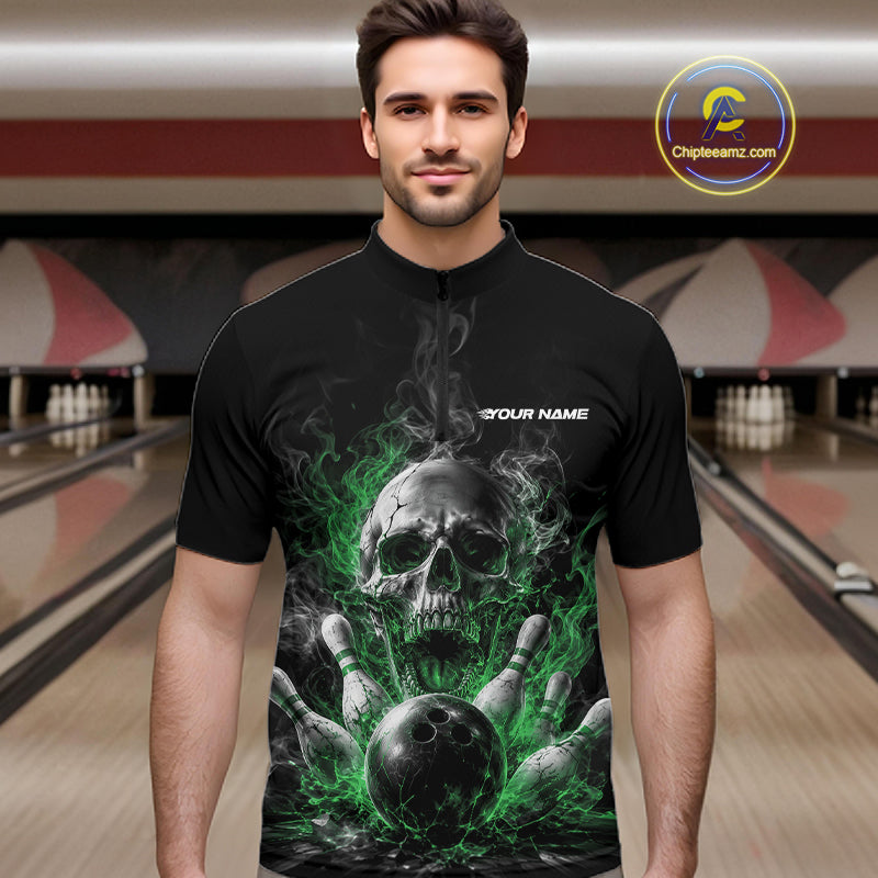 Custom Black And Green Smoke Flame Skull Bowling Men Quarter Zip Shirt, Halloween Outfit IPHW11983