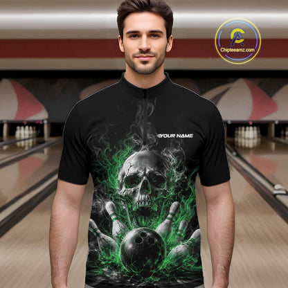 Custom Black And Green Smoke Flame Skull Bowling Men Quarter Zip Shirt, Halloween Outfit IPHW11983