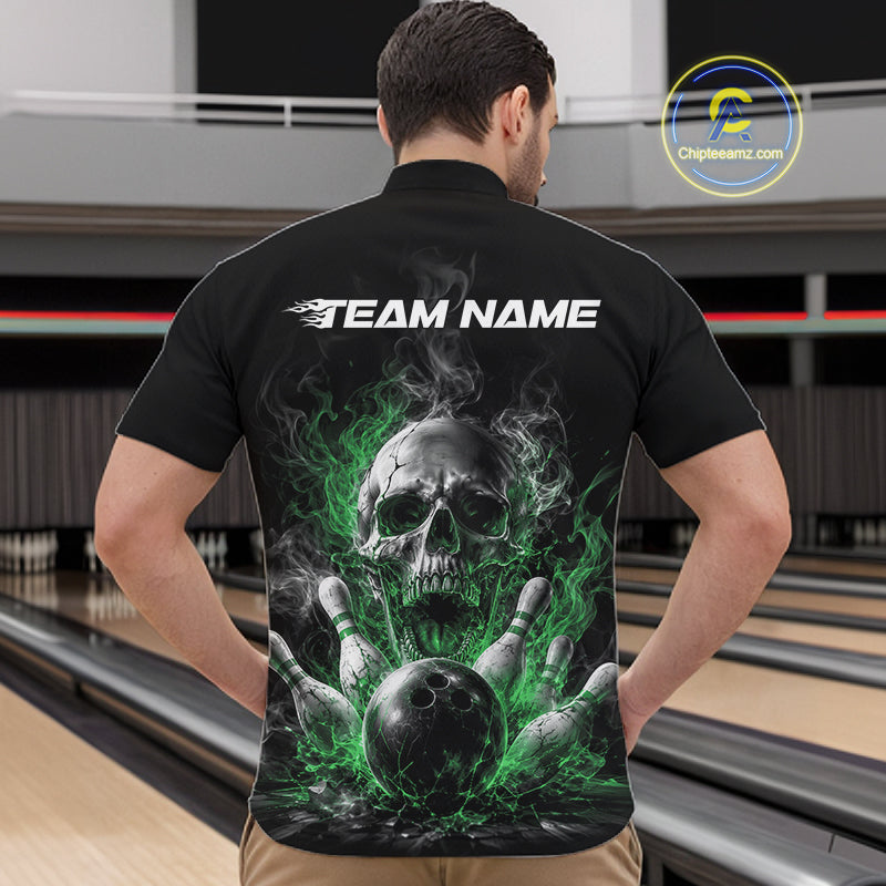 Custom Black And Green Smoke Flame Skull Bowling Men Quarter Zip Shirt, Halloween Outfit IPHW11983