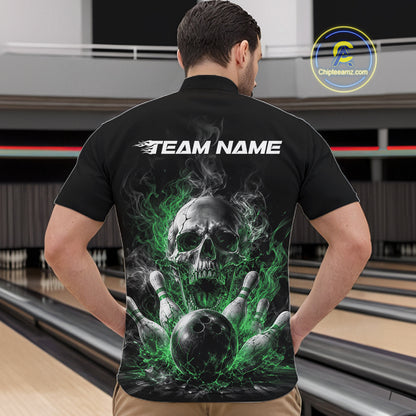 Custom Black And Green Smoke Flame Skull Bowling Men Quarter Zip Shirt, Halloween Outfit IPHW11983