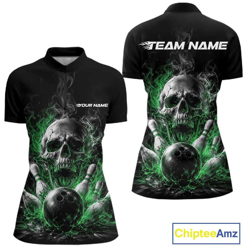Custom Green Smoke Flame Skull Bowling Women Quarter-Zip Shirt, Halloween Outfit IPHW11983
