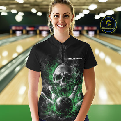 Custom Green Smoke Flame Skull Bowling Women Quarter-Zip Shirt, Halloween Outfit IPHW11983