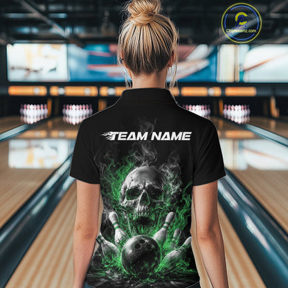 Custom Green Smoke Flame Skull Bowling Women Quarter-Zip Shirt, Halloween Outfit IPHW11983
