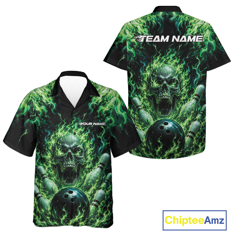 Custom Black And Green Fire Flame Skull Bowling Jersey, Halloween Bowling Men And Women Button Up Shirt IPHW11993