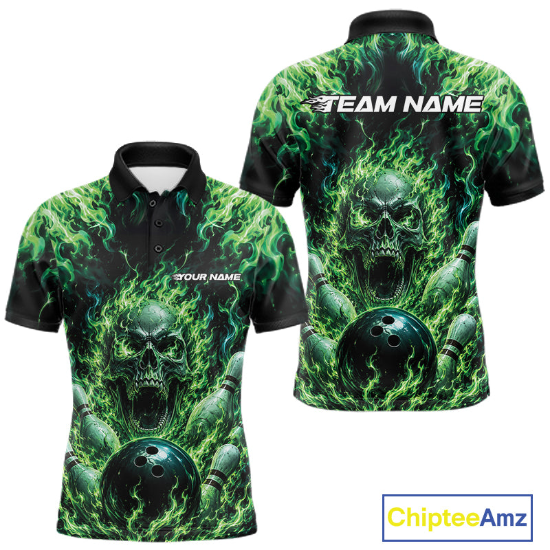 Custom Black And Green Fire Flame Skull Bowling Jersey, Halloween Bowling Men Polo Shirt IPHW11993