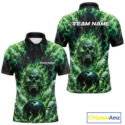 Custom Black And Green Fire Flame Skull Bowling Jersey, Halloween Bowling Men Polo Shirt IPHW11993