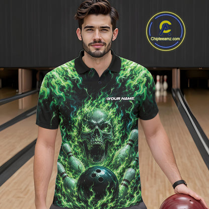Custom Black And Green Fire Flame Skull Bowling Jersey, Halloween Bowling Men Polo Shirt IPHW11993