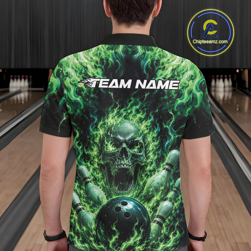 Custom Black And Green Fire Flame Skull Bowling Jersey, Halloween Bowling Men Polo Shirt IPHW11993