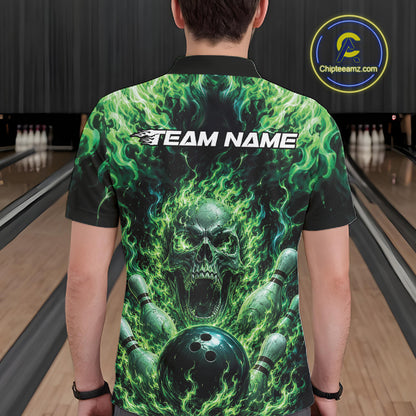 Custom Black And Green Fire Flame Skull Bowling Jersey, Halloween Bowling Men Polo Shirt IPHW11993