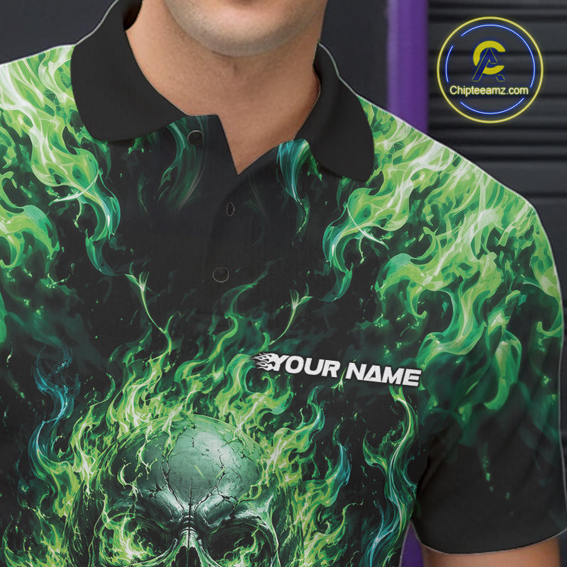 Custom Black And Green Fire Flame Skull Bowling Jersey, Halloween Bowling Men Polo Shirt IPHW11993
