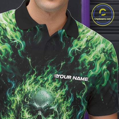 Custom Black And Green Fire Flame Skull Bowling Jersey, Halloween Bowling Men Polo Shirt IPHW11993
