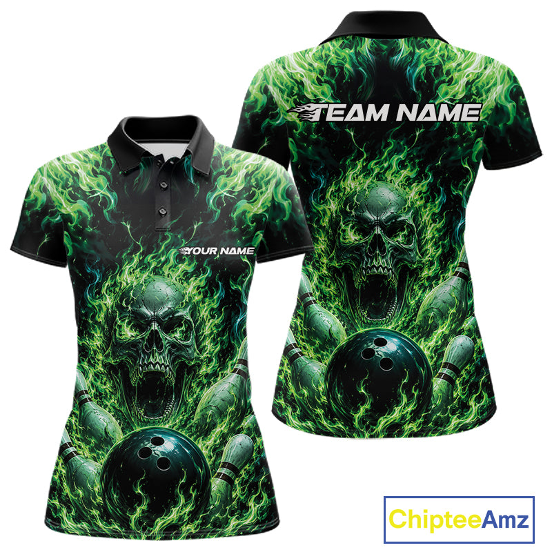 Custom Black And Green Fire Flame Skull Bowling Jersey, Halloween Bowling Women Polo Shirt IPHW11993