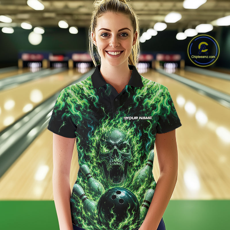 Custom Black And Green Fire Flame Skull Bowling Jersey, Halloween Bowling Women Polo Shirt IPHW11993