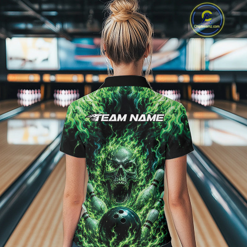 Custom Black And Green Fire Flame Skull Bowling Jersey, Halloween Bowling Women Polo Shirt IPHW11993