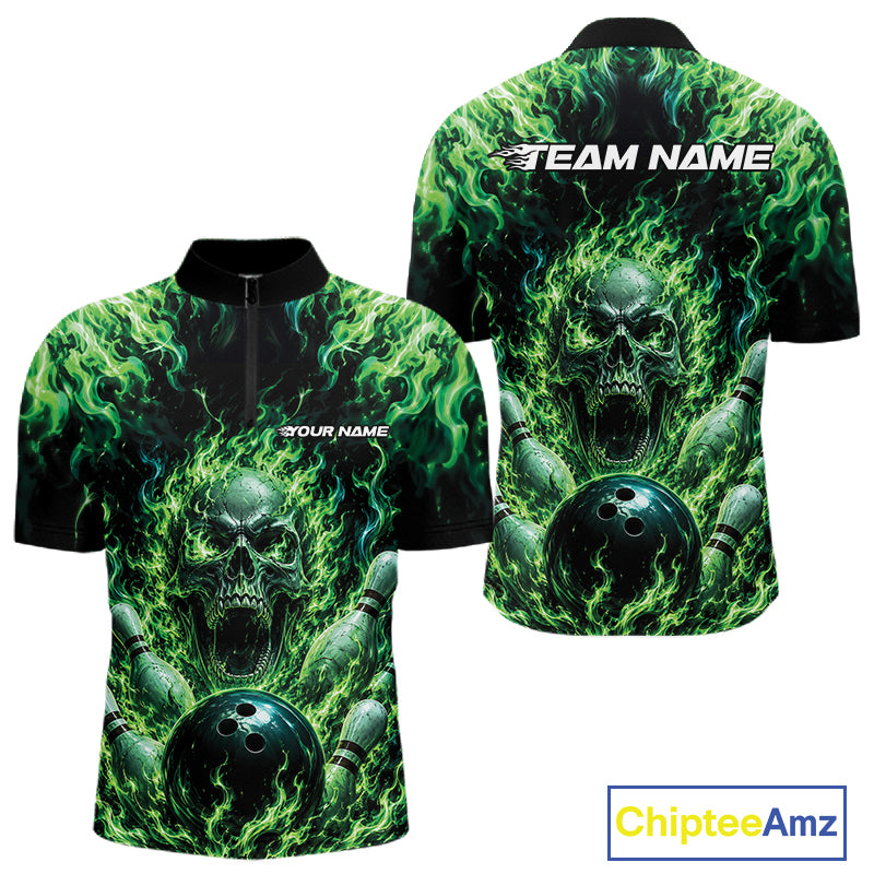 Custom Black And Green Fire Flame Skull Bowling Jersey, Halloween Bowling Men Quarter Zip Shirt IPHW11993