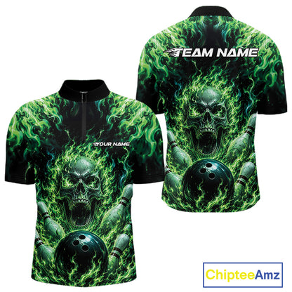 Custom Black And Green Fire Flame Skull Bowling Jersey, Halloween Bowling Men Quarter Zip Shirt IPHW11993