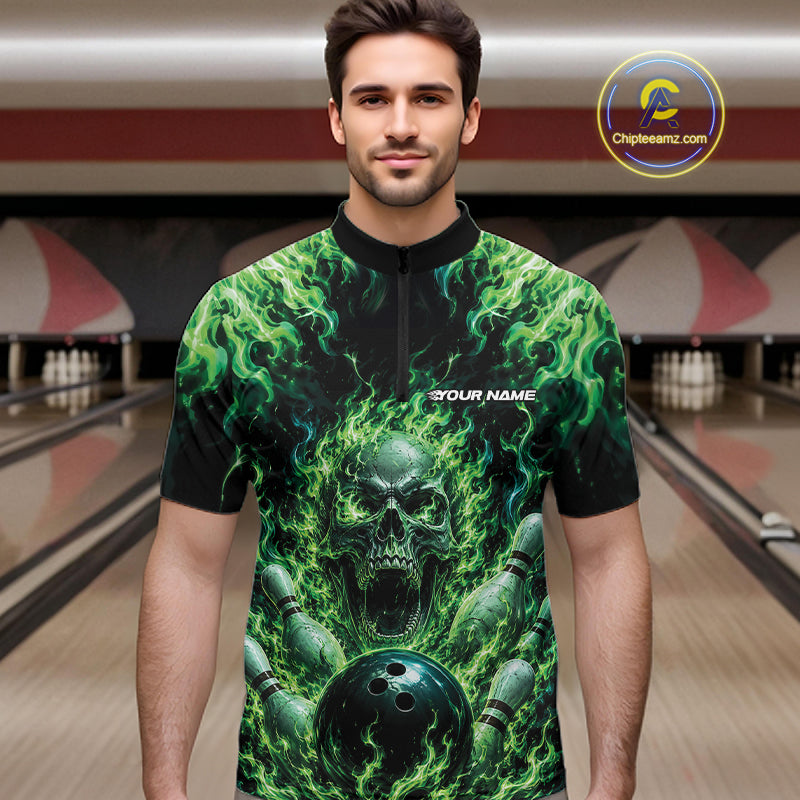 Custom Black And Green Fire Flame Skull Bowling Jersey, Halloween Bowling Men Quarter Zip Shirt IPHW11993