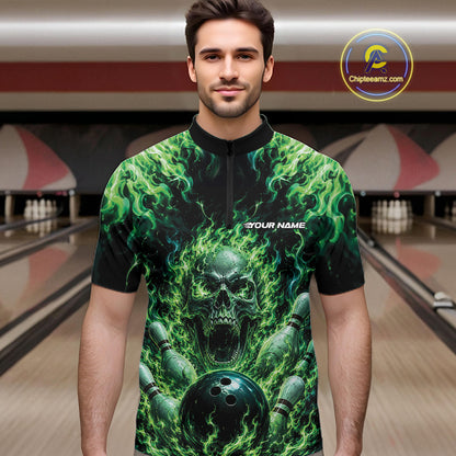 Custom Black And Green Fire Flame Skull Bowling Jersey, Halloween Bowling Men Quarter Zip Shirt IPHW11993