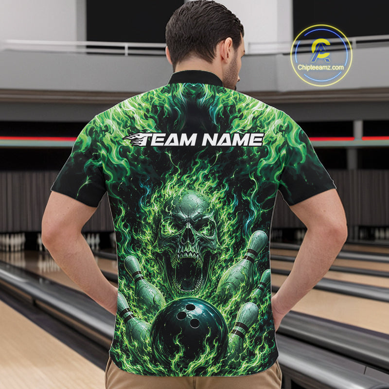 Custom Black And Green Fire Flame Skull Bowling Jersey, Halloween Bowling Men Quarter Zip Shirt IPHW11993