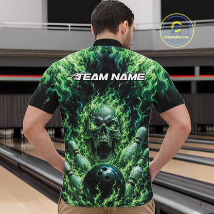 Custom Black And Green Fire Flame Skull Bowling Jersey, Halloween Bowling Men Quarter Zip Shirt IPHW11993