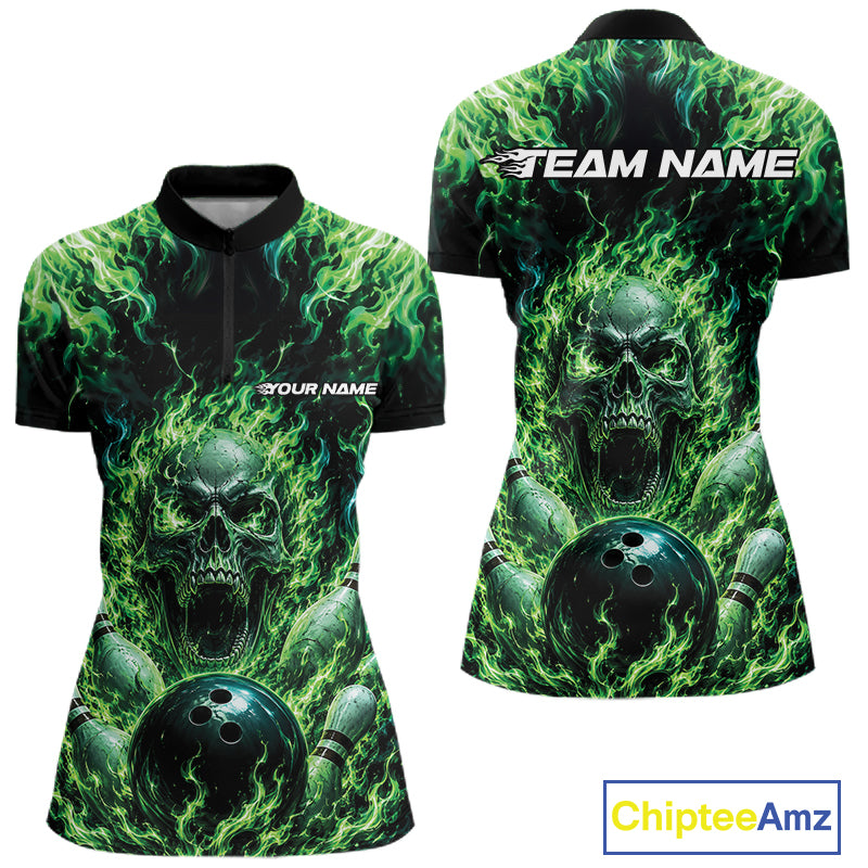 Custom Green Fire Flame Skull Bowling Jersey, Halloween Bowling Women Quarter-Zip Shirt IPHW11993