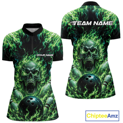 Custom Green Fire Flame Skull Bowling Jersey, Halloween Bowling Women Quarter-Zip Shirt IPHW11993