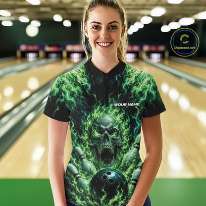Custom Green Fire Flame Skull Bowling Jersey, Halloween Bowling Women Quarter-Zip Shirt IPHW11993
