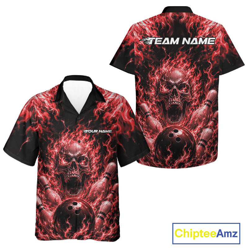 Custom Black And Red Fire Flame Skull Bowling Jersey, Halloween Bowling Men And Women Button Up Shirt IPHW11994