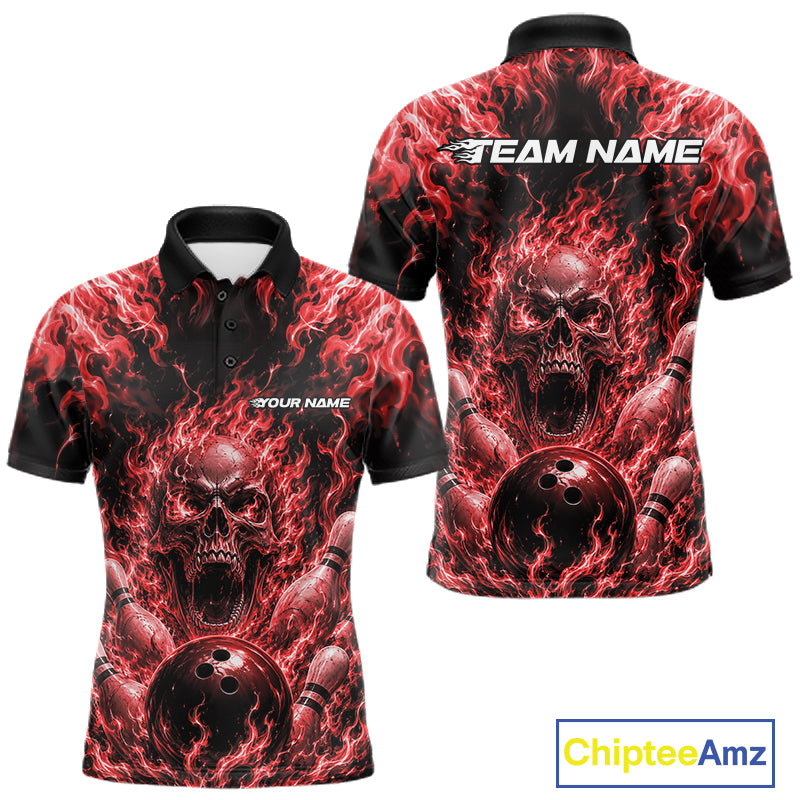 Custom Black And Red Fire Flame Skull Bowling Jersey, Halloween Bowling Men Polo Shirt IPHW11994