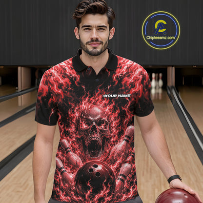 Custom Black And Red Fire Flame Skull Bowling Jersey, Halloween Bowling Men Polo Shirt IPHW11994