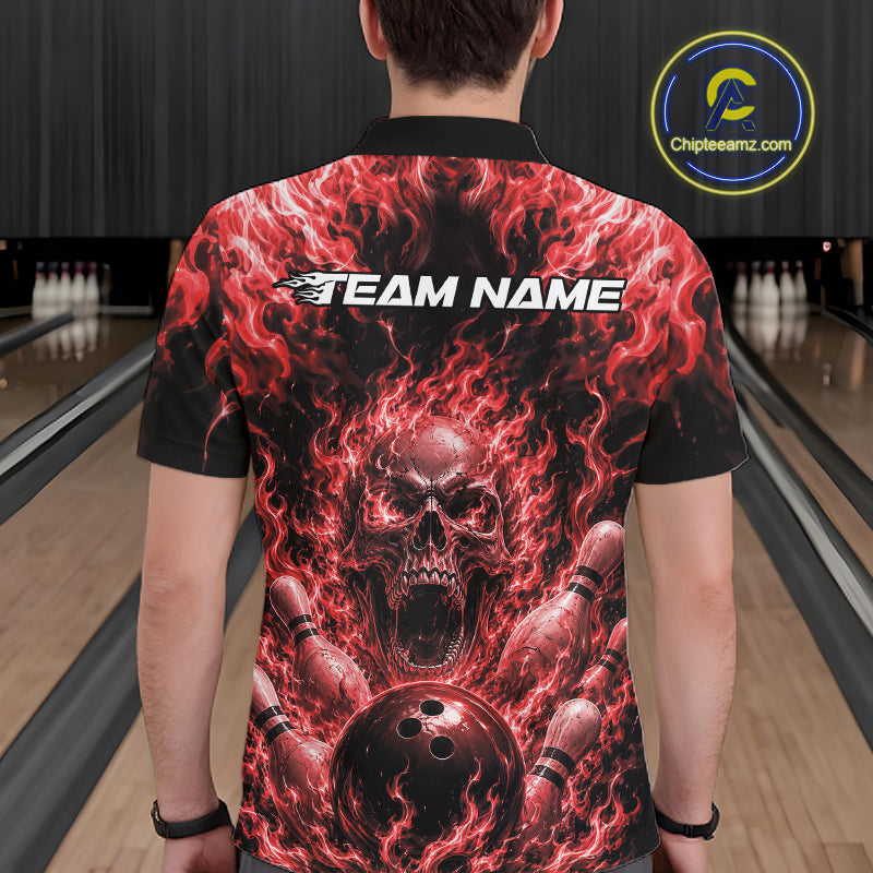 Custom Black And Red Fire Flame Skull Bowling Jersey, Halloween Bowling Men Polo Shirt IPHW11994