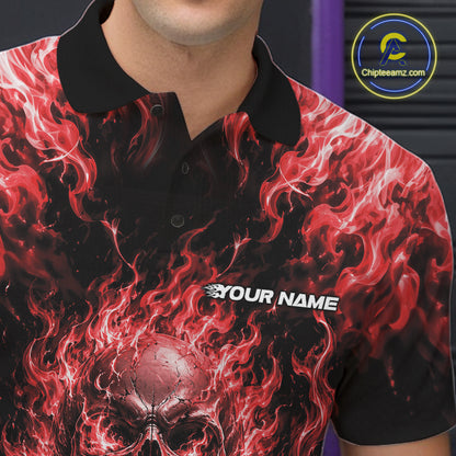 Custom Black And Red Fire Flame Skull Bowling Jersey, Halloween Bowling Men Polo Shirt IPHW11994