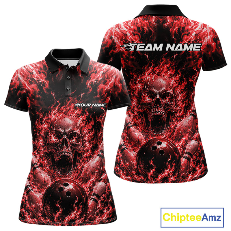 Custom Black And Red Fire Flame Skull Bowling Jersey, Halloween Bowling Women Polo Shirt IPHW11994