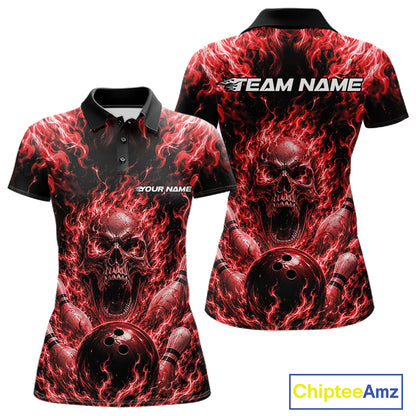 Custom Black And Red Fire Flame Skull Bowling Jersey, Halloween Bowling Women Polo Shirt IPHW11994