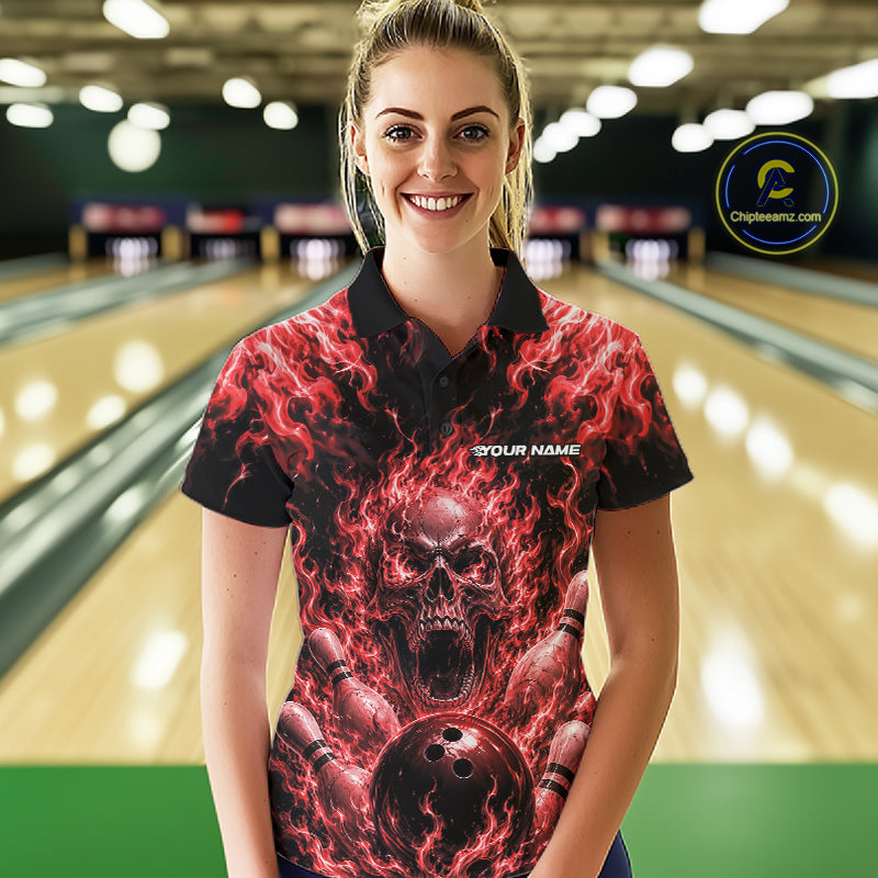 Custom Black And Red Fire Flame Skull Bowling Jersey, Halloween Bowling Women Polo Shirt IPHW11994