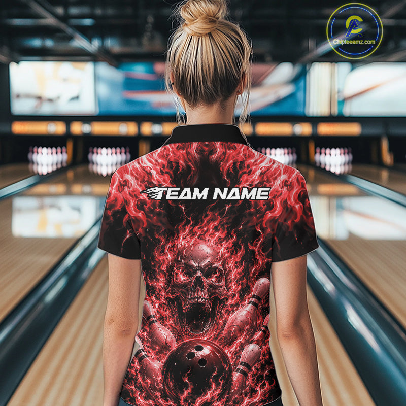 Custom Black And Red Fire Flame Skull Bowling Jersey, Halloween Bowling Women Polo Shirt IPHW11994