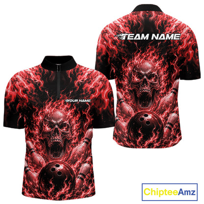 Custom Black And Red Fire Flame Skull Bowling Jersey, Halloween Bowling Men Quarter Zip Shirt IPHW11994