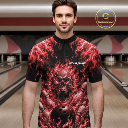 Custom Black And Red Fire Flame Skull Bowling Jersey, Halloween Bowling Men Quarter Zip Shirt IPHW11994