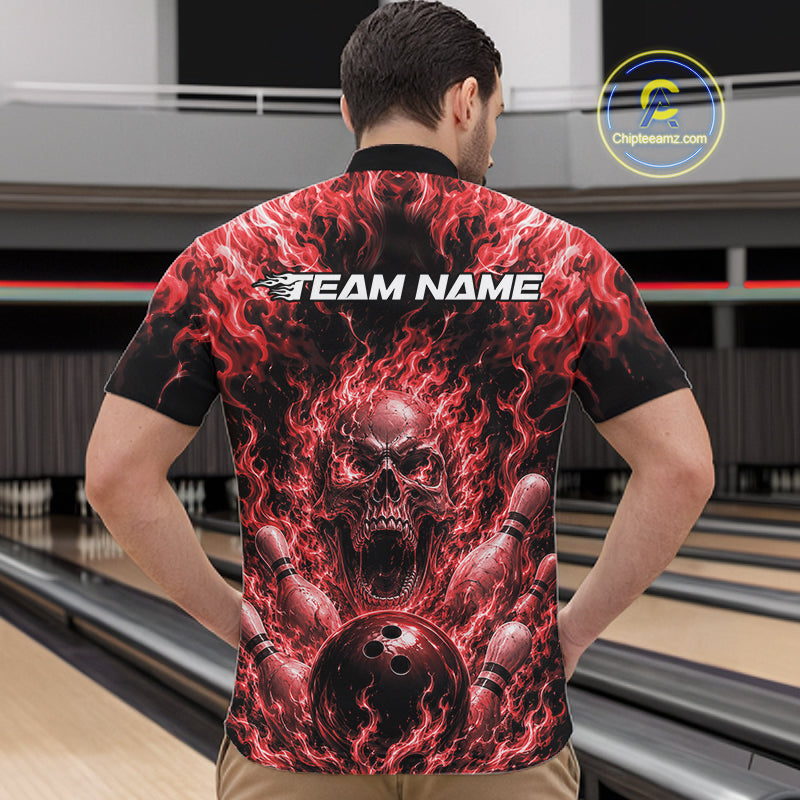 Custom Black And Red Fire Flame Skull Bowling Jersey, Halloween Bowling Men Quarter Zip Shirt IPHW11994