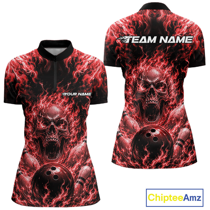 Custom Red Fire Flame Skull Bowling Jersey, Halloween Bowling Women Quarter-Zip Shirt IPHW11994