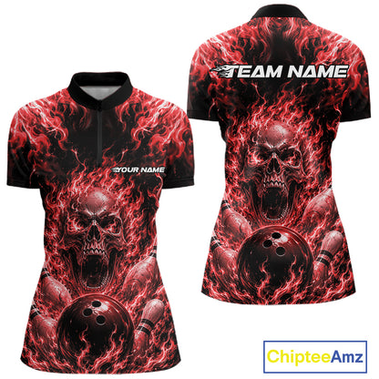 Custom Red Fire Flame Skull Bowling Jersey, Halloween Bowling Women Quarter-Zip Shirt IPHW11994