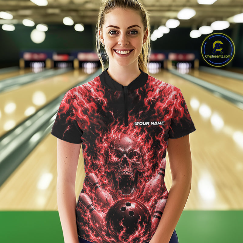 Custom Red Fire Flame Skull Bowling Jersey, Halloween Bowling Women Quarter-Zip Shirt IPHW11994