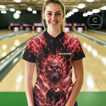 Custom Red Fire Flame Skull Bowling Jersey, Halloween Bowling Women Quarter-Zip Shirt IPHW11994