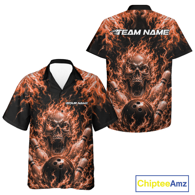 Custom Black And Orange Fire Flame Skull Bowling Jersey, Halloween Bowling Men And Women Button Up Shirt IPHW11995