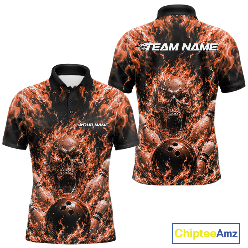 Custom Black And Orange Fire Flame Skull Bowling Jersey, Halloween Bowling Men Polo Shirt IPHW11995