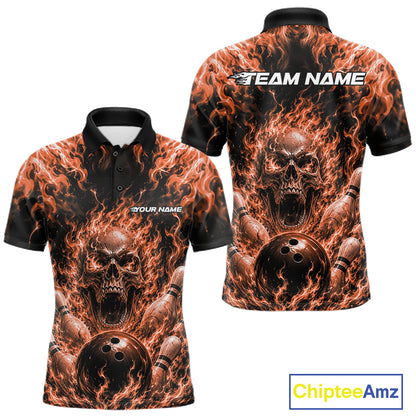 Custom Black And Orange Fire Flame Skull Bowling Jersey, Halloween Bowling Men Polo Shirt IPHW11995