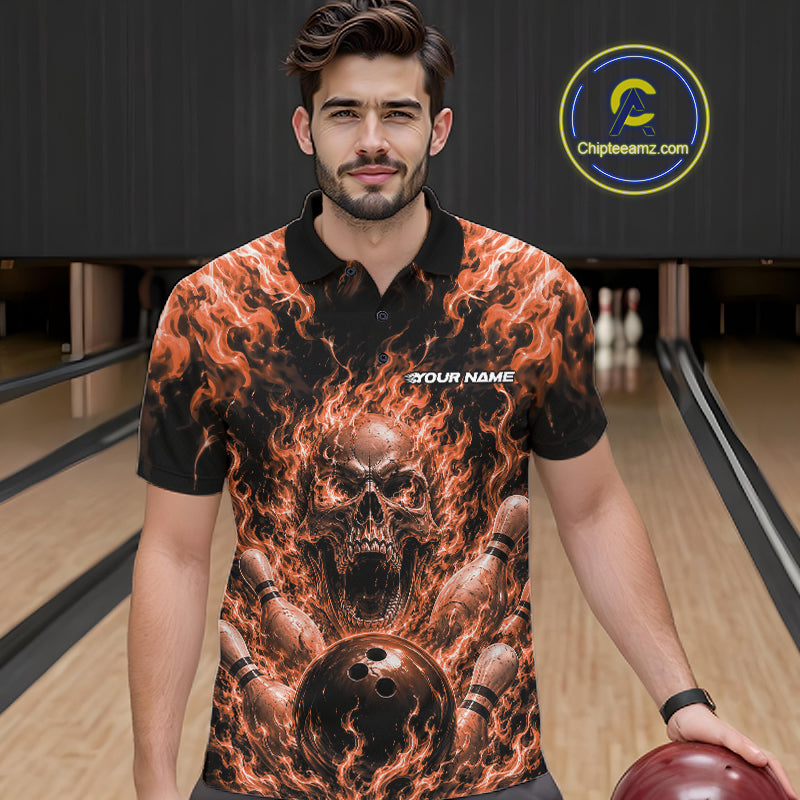 Custom Black And Orange Fire Flame Skull Bowling Jersey, Halloween Bowling Men Polo Shirt IPHW11995