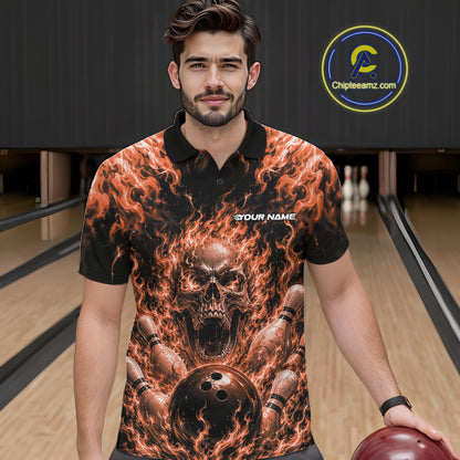 Custom Black And Orange Fire Flame Skull Bowling Jersey, Halloween Bowling Men Polo Shirt IPHW11995