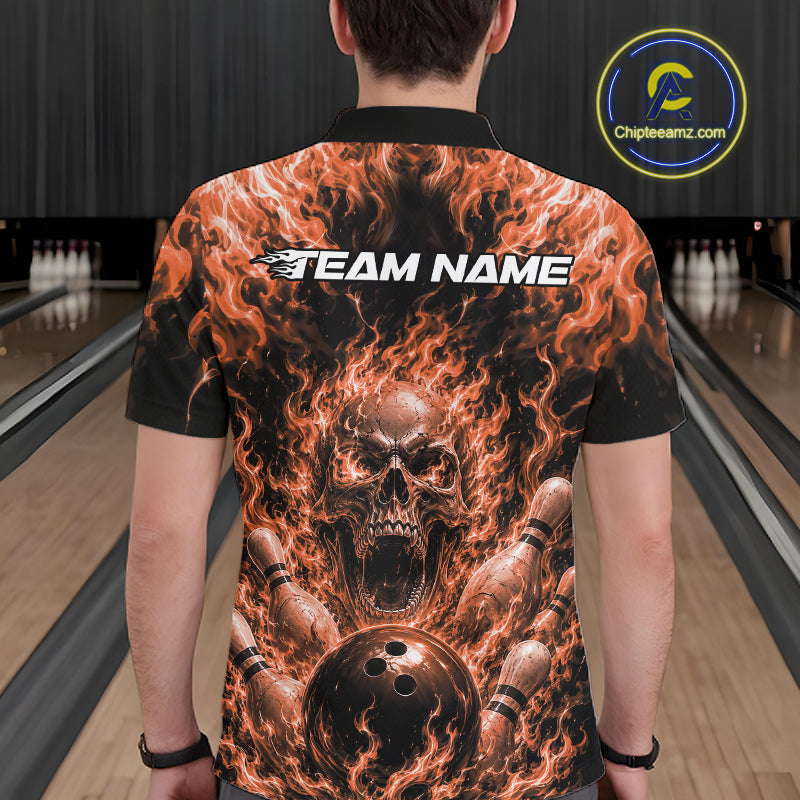 Custom Black And Orange Fire Flame Skull Bowling Jersey, Halloween Bowling Men Polo Shirt IPHW11995